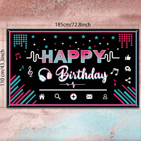 Music Happy Birthday Party Backdrop, Large Fabric Banner for Teens, 73 x 43 Inches
