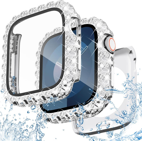 NewWays 2 in 1 Waterproof Bling Case for Apple Watch 45mm, Screen Protector Series 9 8 7, Silver