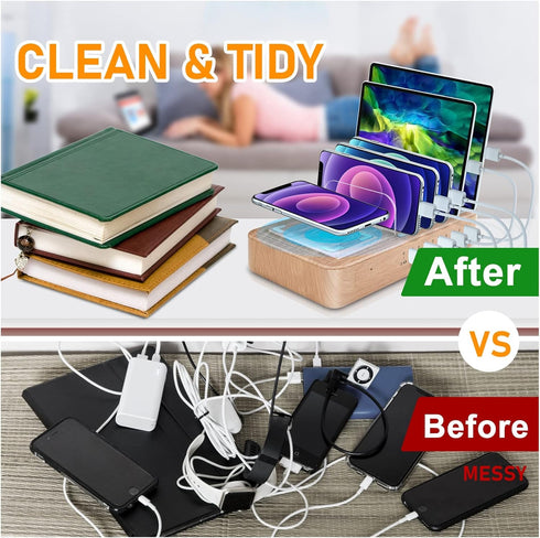Fastest Charging Station for Multiple Devices, 5 USB Ports Chargers for Apple/AirPods/iPad/Samsung/Android/Tablet,