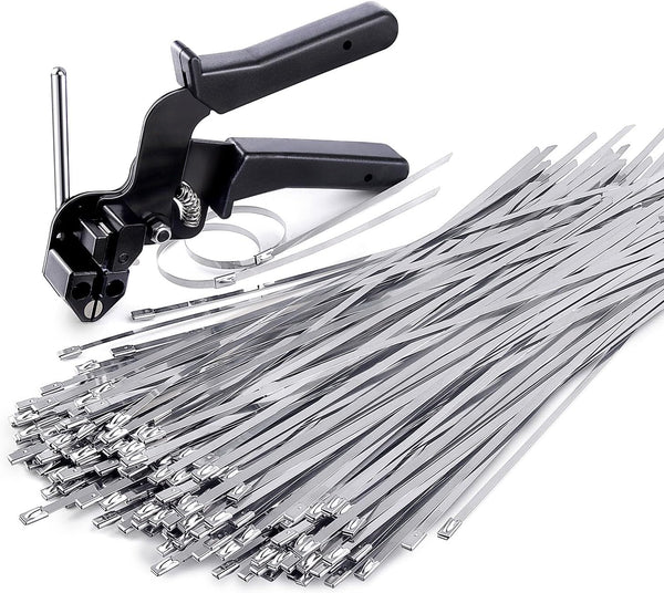 Stainless Steel Cable Tie Gun, Tool for Fastening and Cutting Metal Cable Ties, 150pcs 11.8in UV Resistant Ties