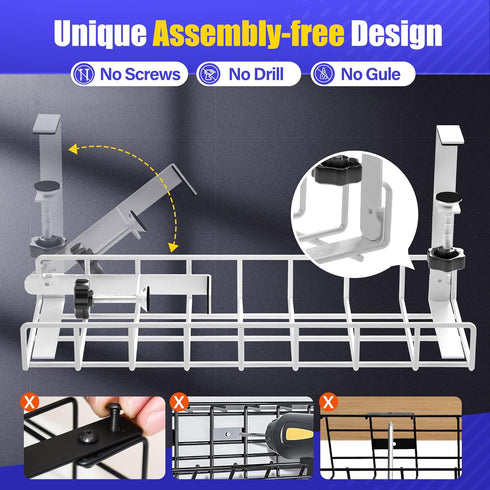 Under Desk Cable Management Tray 2 Pack, Xpatee Wire Management No Drill Cable Tray for Office, Home - White