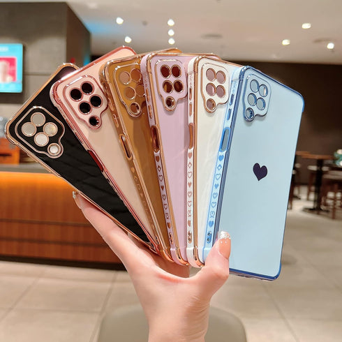phylla Pink Galaxy A12 6.5” Phone Case, Cute Love Heart Gold Plating Edge Luxury Elegant Shockproof Cover