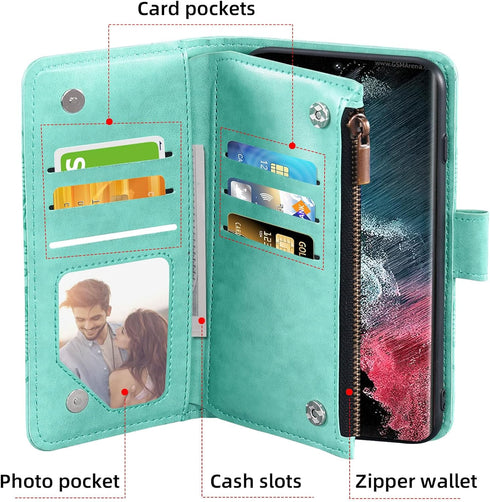 Asuwish Flower Leather Flip Card Holder Wallet Case with Tempered Glass Screen Protector for Samsung Galaxy S22 Ultra