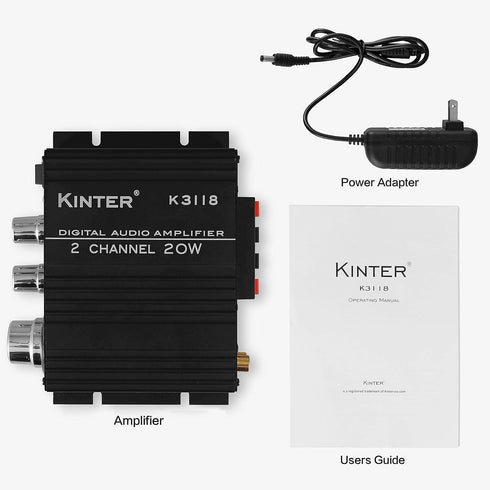 Kinter K3118 Digital Hi-Fi Audio Mini Class D Home Auto DIY Stereo Amplifier with 12V 3A Power Supply, Black