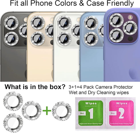 Nothers Bling Camera Lens Protector 3 Pack for iPhone 12/12 Pro/12 Mini/11/11 Pro/11 Max, HD Tempered Glass, Silver.