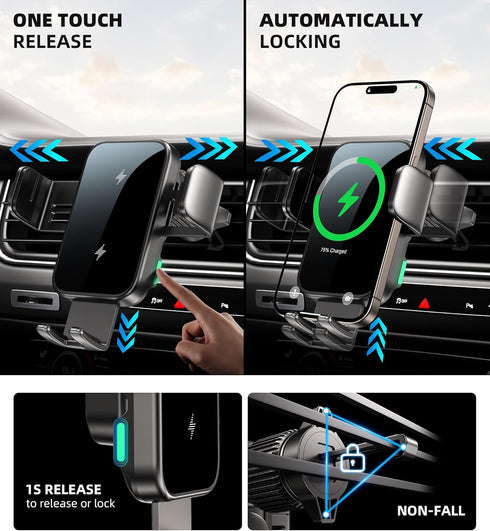 GuMosh 15W 17/16/15,Samsung S25 S24 S23 S22 Dual Coil Cup Phone Holder Mount,Wireless Car Charger Auto-Clamping Fast