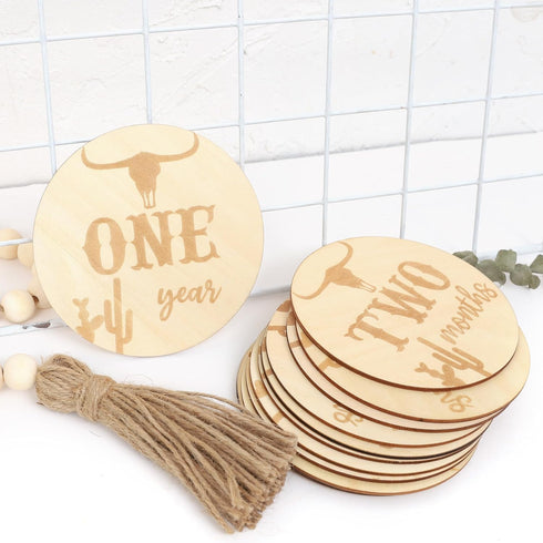 LINLULU Wooden Western Baby Monthly Milestone Cards - Cow Monthly Milestone Marker Set,