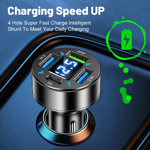 Fast Car Charger, 4 Ports Cigarette Lighter USB Charger with LED Voltmeter, PD3.1/Super Port Car Charger Adapter for