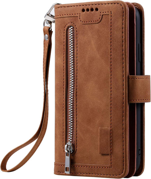 EYZUTAK Wallet Phone Case for Samsung Galaxy A51, Retro Matte 9 Card Holder Slots Zipper Pocket Case - Brown