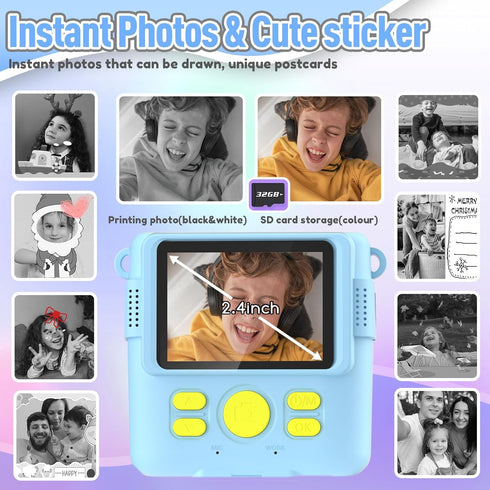 Kids Camera Instant Print, Christmas Birthday Gifts for Ages 3-12, Selfie Digital Camera with 1080P Videos, Blue