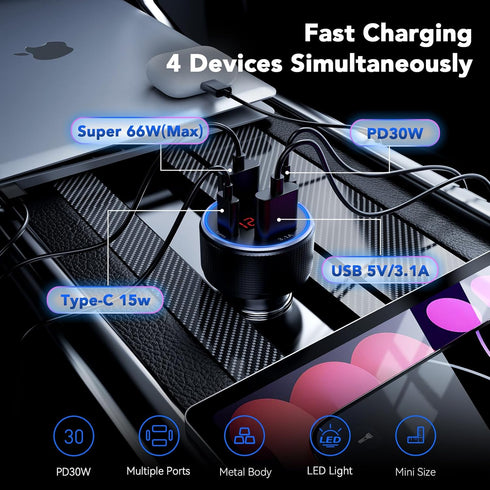 USB C Car Charger Fast Charging Adapter, 78W 4 Port for iPhone 16/15/14/13/12, Samsung Galaxy, and iPad