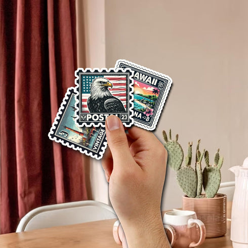 Pack 50 PCS Stamp Sticker Print Envelopes, Waterproof Vinyl Decals Vintage Items for Kids Teens Adults, Labels for