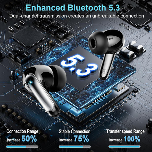 Wireless Earbuds Bluetooth 5.3 Headphones 48H Stereo Earphones in Ear with 4 ENC Mic Clear Calls, Noise Cancelling Ear Buds with LED Display Charging Case, IP7 Waterproof Sport Headset for Android iOS