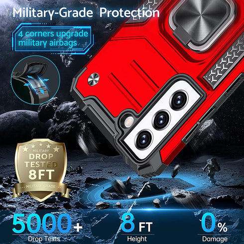 Anqrp Galaxy S21 FE Case - Military Grade Protective Cover with Rotatable Metal Ring Kickstand, Red