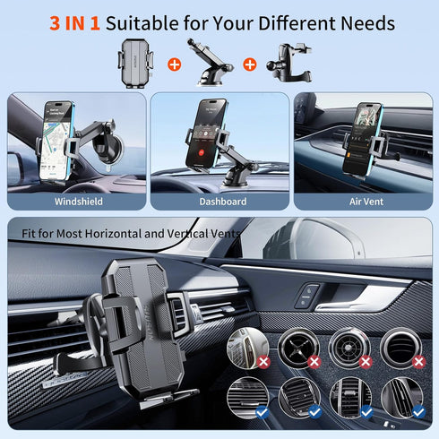 Upgraded 3-in-1 Car Phone Holder Mount, Powerful Suction for Dashboard, Air Vent, Windshield, for All Phones