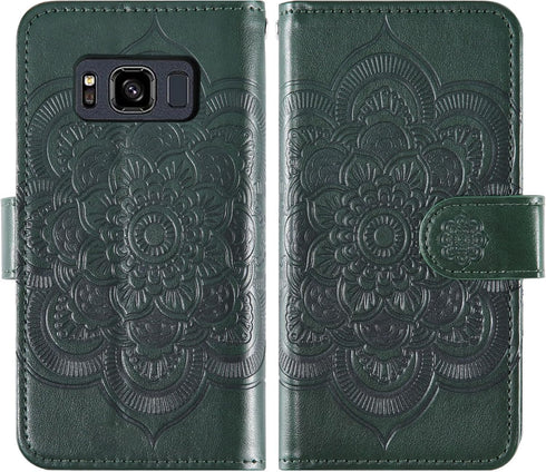 Asuwish Wallet Case for Samsung Galaxy S8 Active - Dark Green, with Tempered Glass Protector & Flower Flip Card Holder.