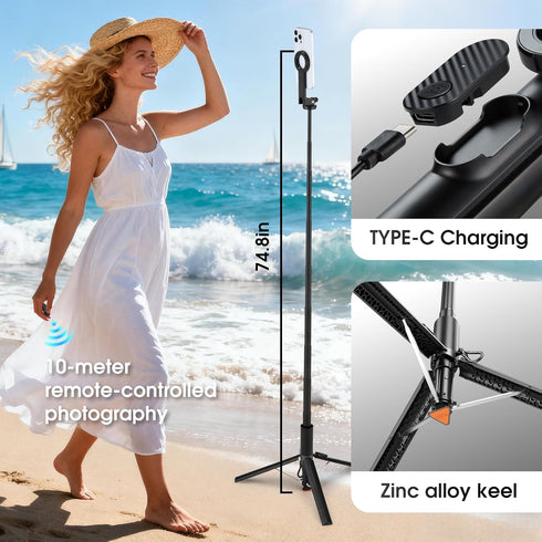 MQOUNY Tripod,76" Magsafe,360Rotatable Magnetic Phone Auto-Open Phone Stand with Metal Ring & Rechargable