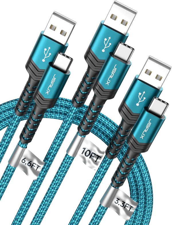 JSAUX USB-C Cable 3.1A Fast Charging, 3-Pack (10ft+6.6ft+3.3ft), USB A to Type C Charge Cord for Samsung, iPhone