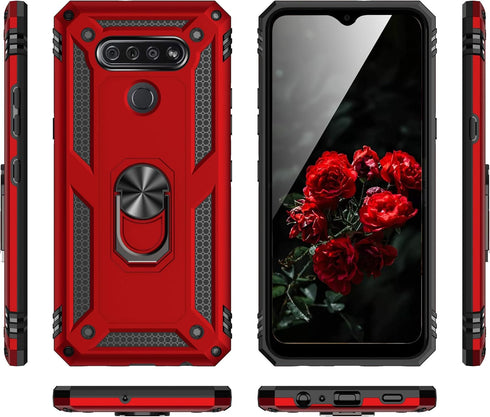 TJS Heavy Duty Drop Protector Phone Case for LG K51, Q51, Reflect, with Tempered Glass Screen Protector, Metal Ring &