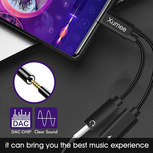 Xumee USB Type C to 3.5mm Headphone and Charger Adapter, 2-in-1 USB C to Aux Audio Jack Hi-Res DAC and Fast Charging