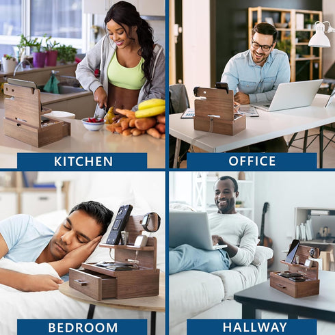 BARVA Wood Docking Station for Men, Gifts for Dad, Nightstand Organizer with Drawer, Charging Dock for Phone and Watch
