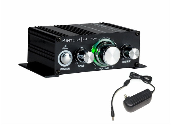 Kinter MA170+ 2-Channel Mini Amplifier, 2 x 18 W, RCA Input, with 12V 3A Power Supply, Black