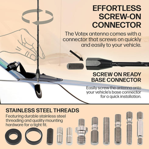 Votex 15 Inch - Black Antenna - Spiral Wind Noise Cancellation - Spring Steel Construction - Stainless Steel Threading
