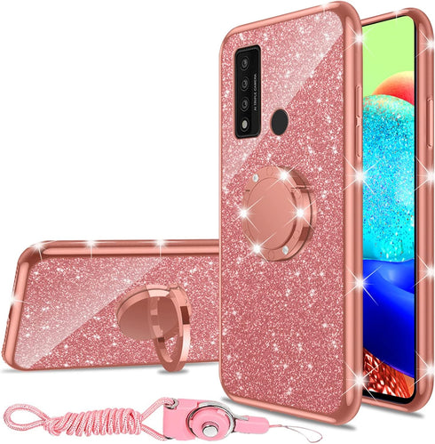nancheng Case for TCL 20 XE 6.5-inch, Cute Girls Women Glitter Soft Silicone Cover with Stand - Rose Gold