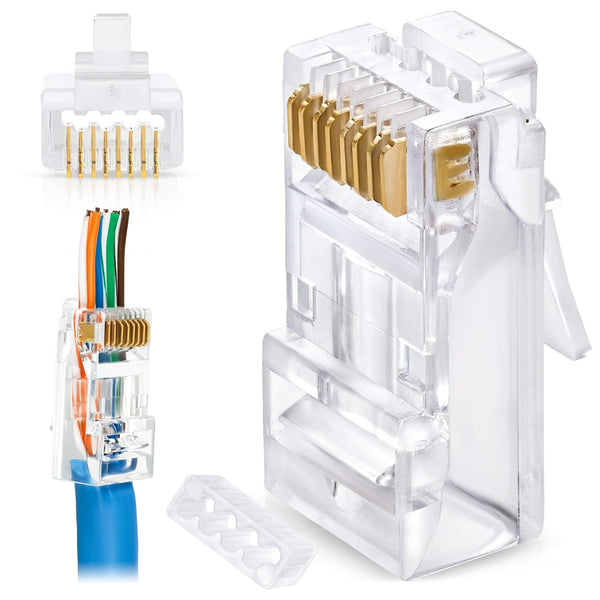GTZ RJ45 Cat6/6a Pass Through Connectors for Thick 23 AWG Network Cable, 200 Pcs with Insert Guides