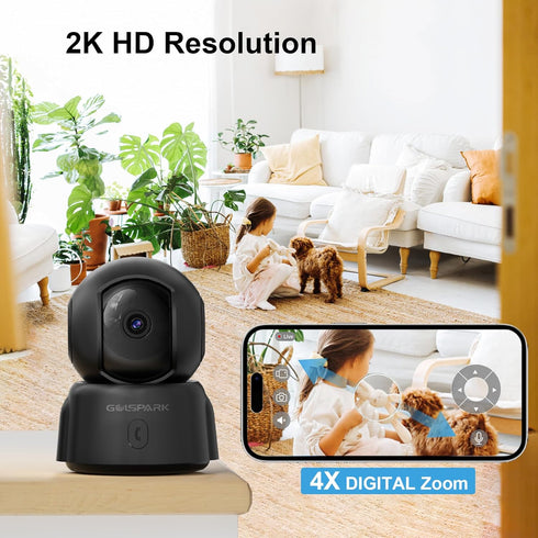 GOLSPARK 2K Indoor Security Camera for Home, 360 Pet Camera with Night Vision, Motion Tracking, Two-Way Audio, Black