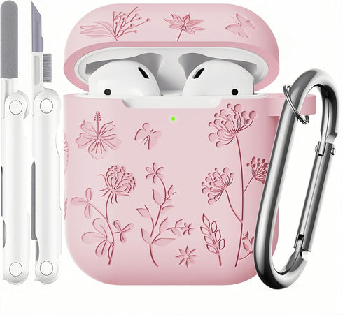 Flower Engraved Soft Silicone Case for Airpods 2nd Generation - Compatible with Airpods Case 1st/2nd (Pink) with