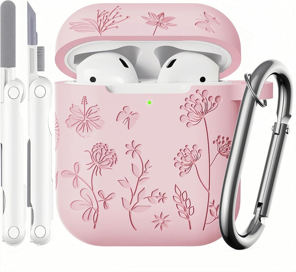 Flower Engraved Soft Silicone Case for Airpods 2nd Generation - Compatible with Airpods Case 1st/2nd (Pink) with