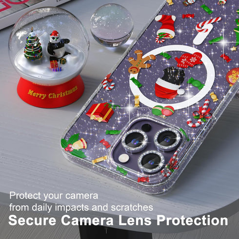 Choiche iPhone 14 Pro Magnetic Case - Glitter Christmas Tree, Clear Bling, with 3x Diamond Lens & 2x Tempered Glass
