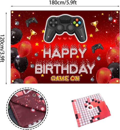 Video Game On Happy Birthday Backdrop Banner Decorations for Boys Kids, Red and Black Level Up Theme