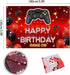 Video Game On Happy Birthday Backdrop Banner Decorations for Boys Kids, Red and Black Level Up Theme