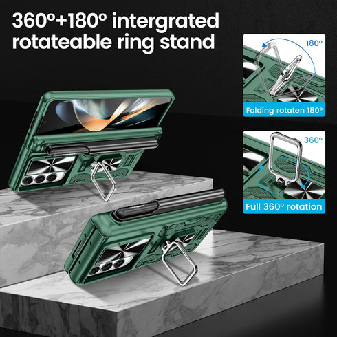 VEGO Protective Armor Case for Galaxy Z Fold 4 with S Pen Holder, Hinge Protection, 360° Ring Kickstand, Green