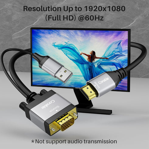 Conable 15 1080P@60Hz VGA to HDMI Cable FT with USB Power Supply, Real Video Output, Unidirectional Cable, from VGA