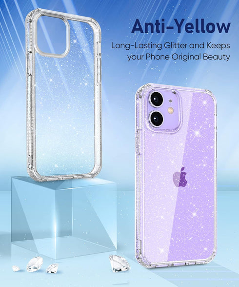 MIODIK Clear Glitter iPhone 12 & 12 Pro Case, Shockproof Slim Cover with Stand, Non-Slip, 6.1 Inch - Sparkle Clear