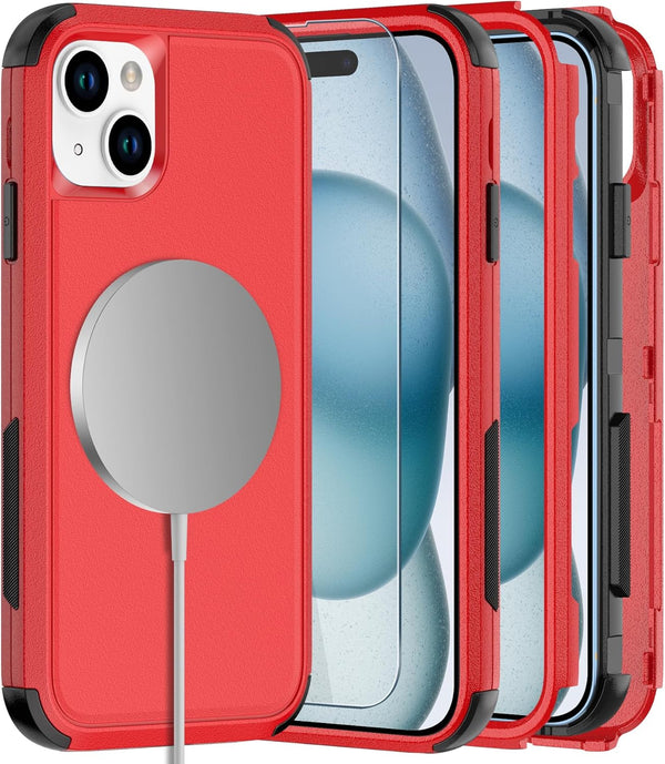 Diverbox iPhone 15 Case with MagSafe & Screen Protector 2 Pack - Heavy Duty, 15 FT Drop Protection, Shockproof (Red)
