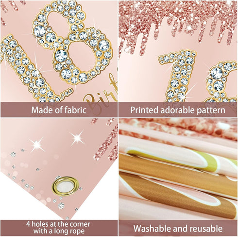 Sweet 18th Birthday Banner Backdrop Decorations for Girls, Rose Gold 18 Birthday Party Sign Supplies, Pink 18 Years Old