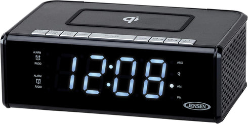 Jensen QiCR-200 Dual Alarm Clock Radio with Qi Charging, White, 9.40in. x 5.00in. x 3.00in.