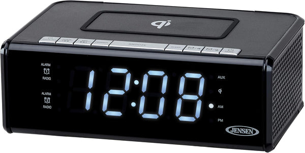 Jensen QiCR-200 Dual Alarm Clock Radio with Qi Charging, White, 9.40in. x 5.00in. x 3.00in.