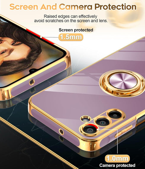 LeYi Samsung Galaxy A15 5G Case with Tempered Glass Screen Protector, 360° Rotatable Ring Holder, Purple