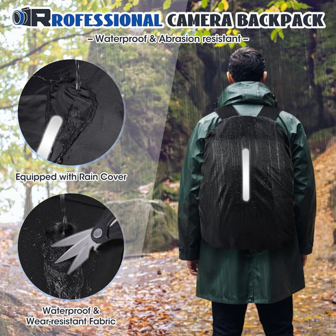 RAINSMORE Camera Backpack for Photographers, DSLR SLR Cases with Waterproof Rain Cover & Laptop Compartment