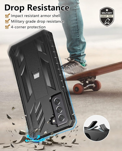 Samsung Galaxy S21-FE Protective Case: Dual-Layer Military Grade Drop Proof Cover with Kickstand | Rugged Shockproof