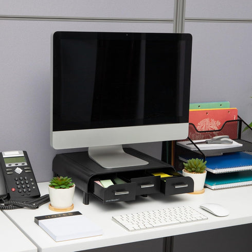 Mind Reader Monitor Stand with 3 Storage Drawers, Desktop Organizer Riser, Set of 2, 13.5"L x 13"W x 4"H, Black
