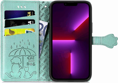 CCSmall for iPhone 14 Plus PU Leather Flip Wallet Case, Cat Dog Cartoon Cute Style with ID Card Holder Phone Cover Case for Apple iPhone 14 Plus MG Green