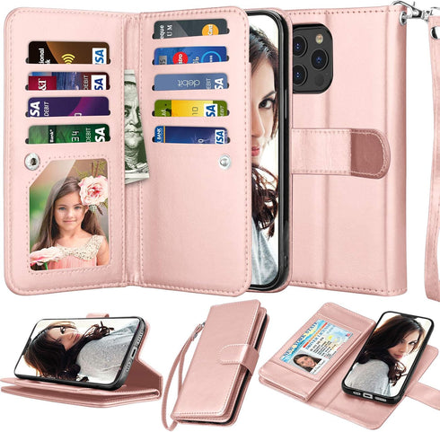 Njjex iPhone 12 Mini Wallet Case (2020), 9 Card Slots, PU Leather, Detachable Kickstand, Magnetic Cover, Rose Gold