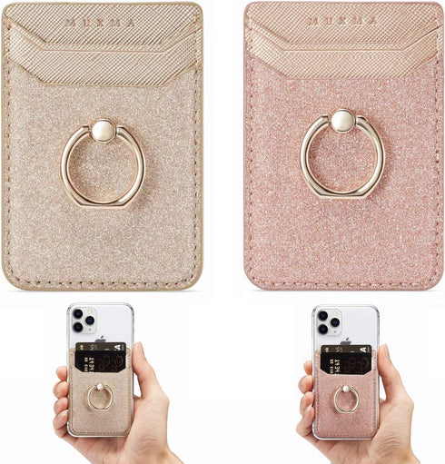 Card Holder Sleeve with Kickstand Ring for Women - 2 Pieces RFID Credit Wallet Glitter Stick On Back Grip (Pink + Gold)