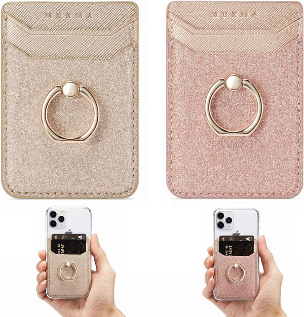 Card Holder Sleeve with Kickstand Ring for Women - 2 Pieces RFID Credit Wallet Glitter Stick On Back Grip (Pink + Gold)